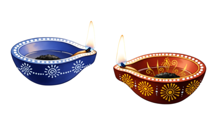 Two decorative diyas isolated on transparent background