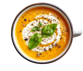 Creamy orange soup with basil and cream swirl.