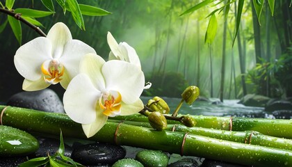Serene scene White orchids, bamboo, and river. A natural, peaceful ambiance