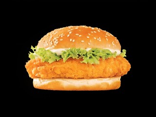 Delicious crispy chicken burger with fresh lettuce against a plain black background