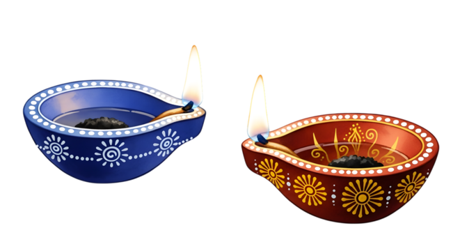 Two decorative diyas isolated on transparent background - Powered by Adobe