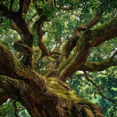 Giant, moss-covered tree reaches to the sky in a forest, for environmental use