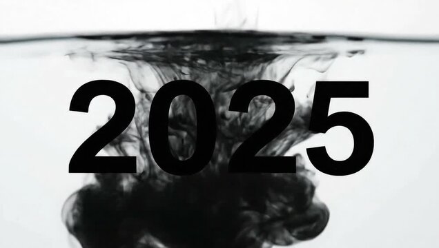 A single drop of black ink hits water, dispersing to form '2025'. The currents then gracefully reshape the ink into '2026'