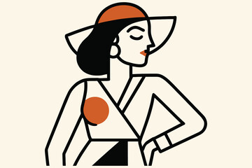 Stylish woman in a wide brim hat and fashionable dress with a modern abstract design