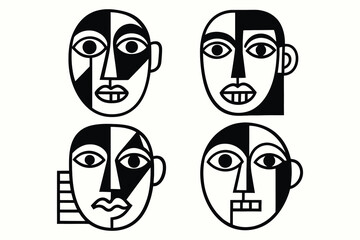Four abstract faces with bold geometric shapes and contrasting black and white elements