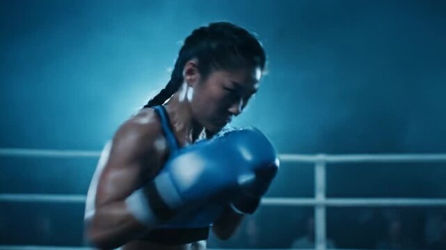 Powerful Asian Female Boxer in a Fighting Stance Inside a Smoky, Blue-Lit Boxing Ring