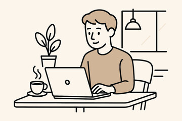Young man working on laptop at desk with coffee and plant in simple line art style