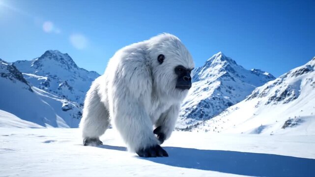 Powerful Yeti Creature Stomping Through Pristine Snowy Mountain Peaks Under Bright Sun