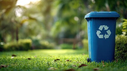 Blue recycling bin on green grass in a lush outdoor setting, emphasizing the importance of recycling and environmental sustainability in daily life practices