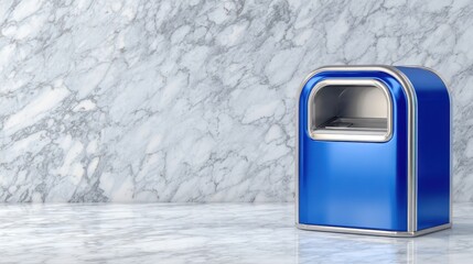 A retro-style blue mailbox placed on a marble background, adding a pop of color and charm to any setting, perfect for vintage-themed designs and creative projects.