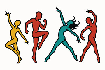 Four stylized figures in dynamic poses representing dance and movement with vibrant colors