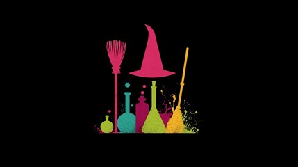 Generative AI, Minimalist Neon Pop Art Halloween Composition on Black Background