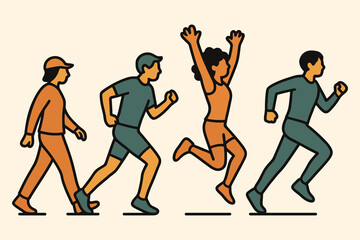Diverse group of people running and walking in a line with energetic movement and expressions