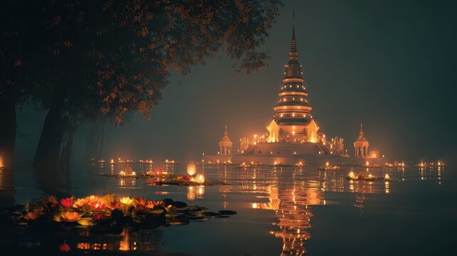Starry Night over the River: Traditional Thai Temple Reflected in Water with Floating Lanterns Under a Clear, Star-filled Sky.