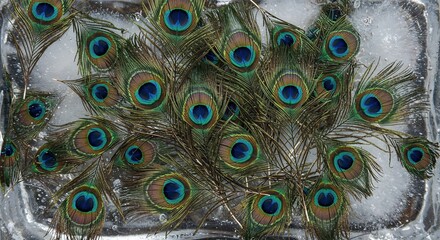 Obraz premium A close-up view of vibrant peacock feathers with iridescent blue and green eyespots arranged on a frosty bed of clear ice, showcasing intricate patterns and cool tones.