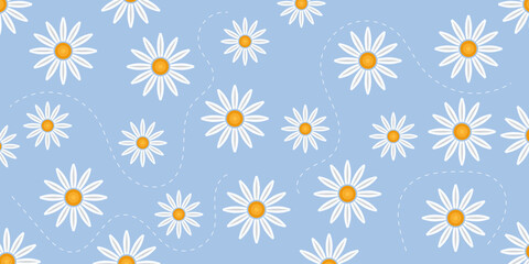 White daisies on a light blue background seamless pattern.