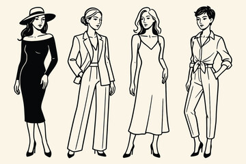 Fashion illustration of four stylish women in elegant outfits standing together