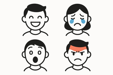 Four cartoon faces showing different emotions happiness sadness surprise and anger