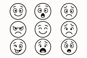 Collection of hand drawn emoticons expressing various emotions and feelings in a grid layout