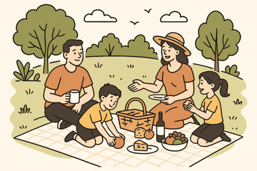Happy family enjoying a sunny day picnic in a park with trees and clouds