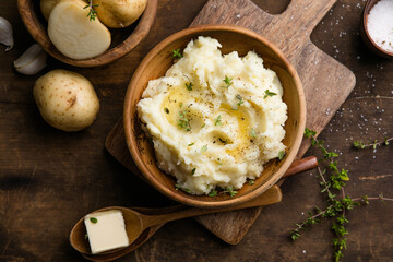 Mushed potatoes top view with raw potatoes and spices