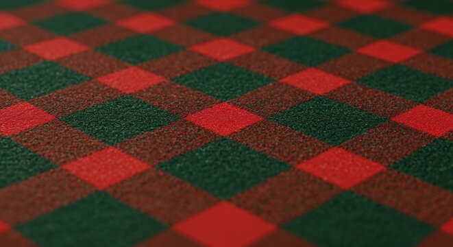 A classic red and dark green buffalo check plaid pattern covers a textured surface with a shallow depth of field, creating a cozy and traditional background.
