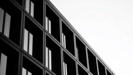 Modern building facade with abstract geometric lines and windows in stark black and white