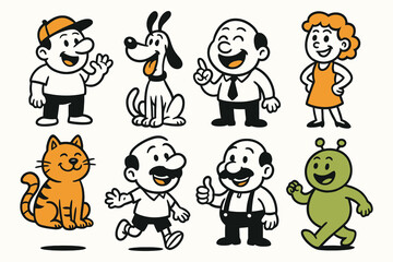Collection of cartoon characters including people pets and an alien in a playful retro style