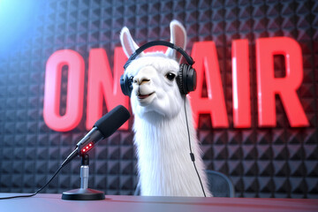 Fototapeta premium A friendly llama wearing headphones and speaking into a microphone in a radio studio with an 'ON AIR' sign