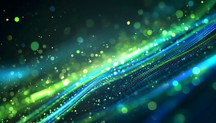 Abstract digital art with flowing blue and green lines, and sparkling particles.