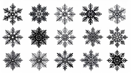 Snowflakes vector illustrations in a row for winter themed graphics, white backdrop