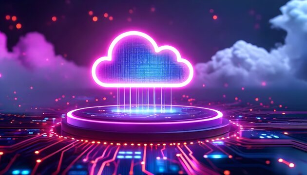 Futuristic neon cloud computing concept showing data transfer to a digital platform with glowing circuits.