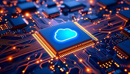 Digital cloud computing technology represented by a glowing blue icon on a computer chip.