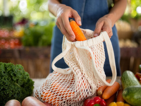Hands placing fresh organic carrot into eco-friendly mesh produce bag on vibrant market table