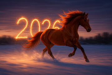 Fiery Horse Running in Snow with Glowing 2026 Light Trail