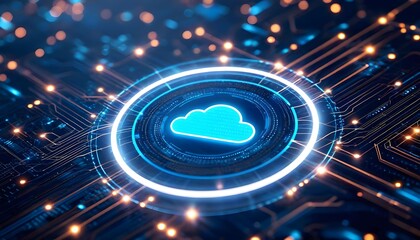 Abstract digital illustration of a glowing blue cloud icon surrounded by circuitry and bokeh lights, representing cloud computing and technology.