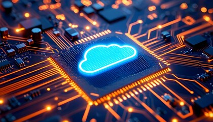 Close-up of a computer chip with a glowing cloud symbol, representing cloud computing.