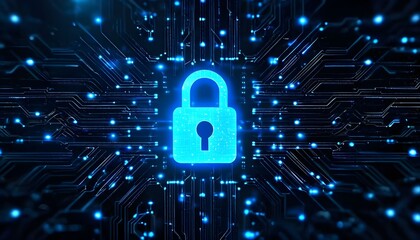Digital security concept: a glowing blue padlock on a circuit board.