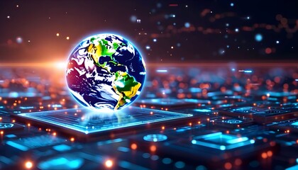 Digital Earth globe on a futuristic circuit board background.