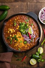 Chili con carne on wooden table with corn and spices