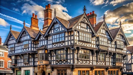 Obraz premium Medieval half-timbered house in Chester city center with a stone fa?ade and ornate chimneys