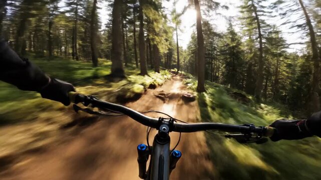 Mountain biking through a forest trail, view from handlebars
