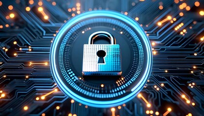 A glowing blue padlock symbolizing cybersecurity on a digital circuit board background.