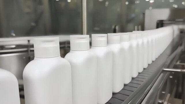 Blank white plastic bottles on a conveyor in a personal care and cosmetic packaging line, heading to capping and labeling in an automated manufacturing plant, quality control, close-up scene