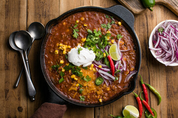 Chili con carne on wooden table with corn and spices