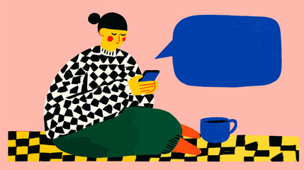 Fototapeta premium Modern flat vector illustration of a woman chatting on smartphone with coffee mug and blank message bubble. Concept of social media, online communication, and digital lifestyle. 