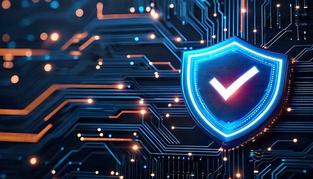 A glowing blue shield with a checkmark symbolizing cybersecurity on a futuristic circuit board.