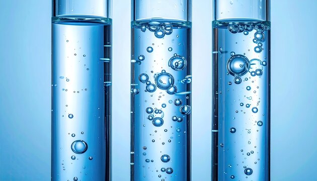 Three glass test tubes filled with a clear, light blue liquid, showing varying amounts of bubbles. The tubes are set against a blurred light blue background - Powered by Adobe