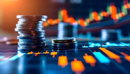 Stacks of coins on a digital screen showing financial stock market charts and graphs.