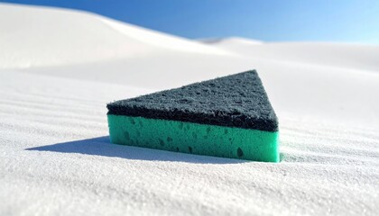 Triangular cleaning sponge rests on a white sandy surface against a bright blue sky.  The sponge is two-toned, dark grey on top and bright teal on the bottom